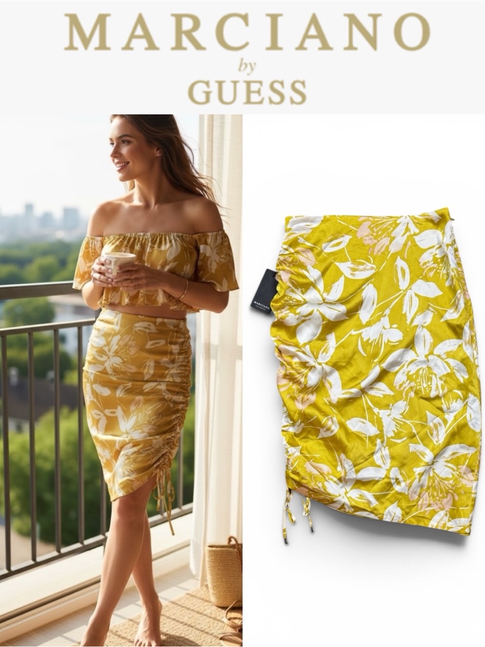 MARCIANO BY GUESS DESERT BLOOM RUCHED FLORAL MIDI SKIRT NWT YELLOW SATIN SIZE M